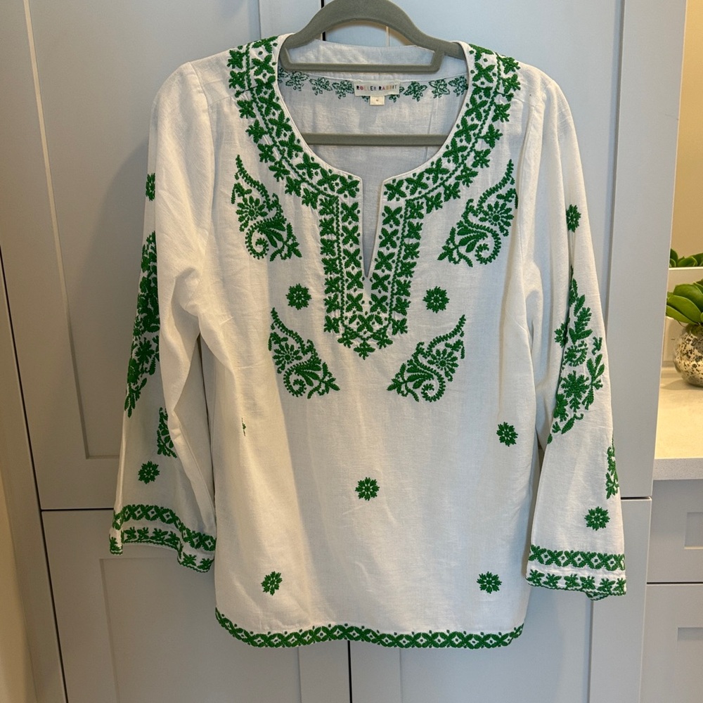 Roller Rabbit White Blouse with Green Embroidery